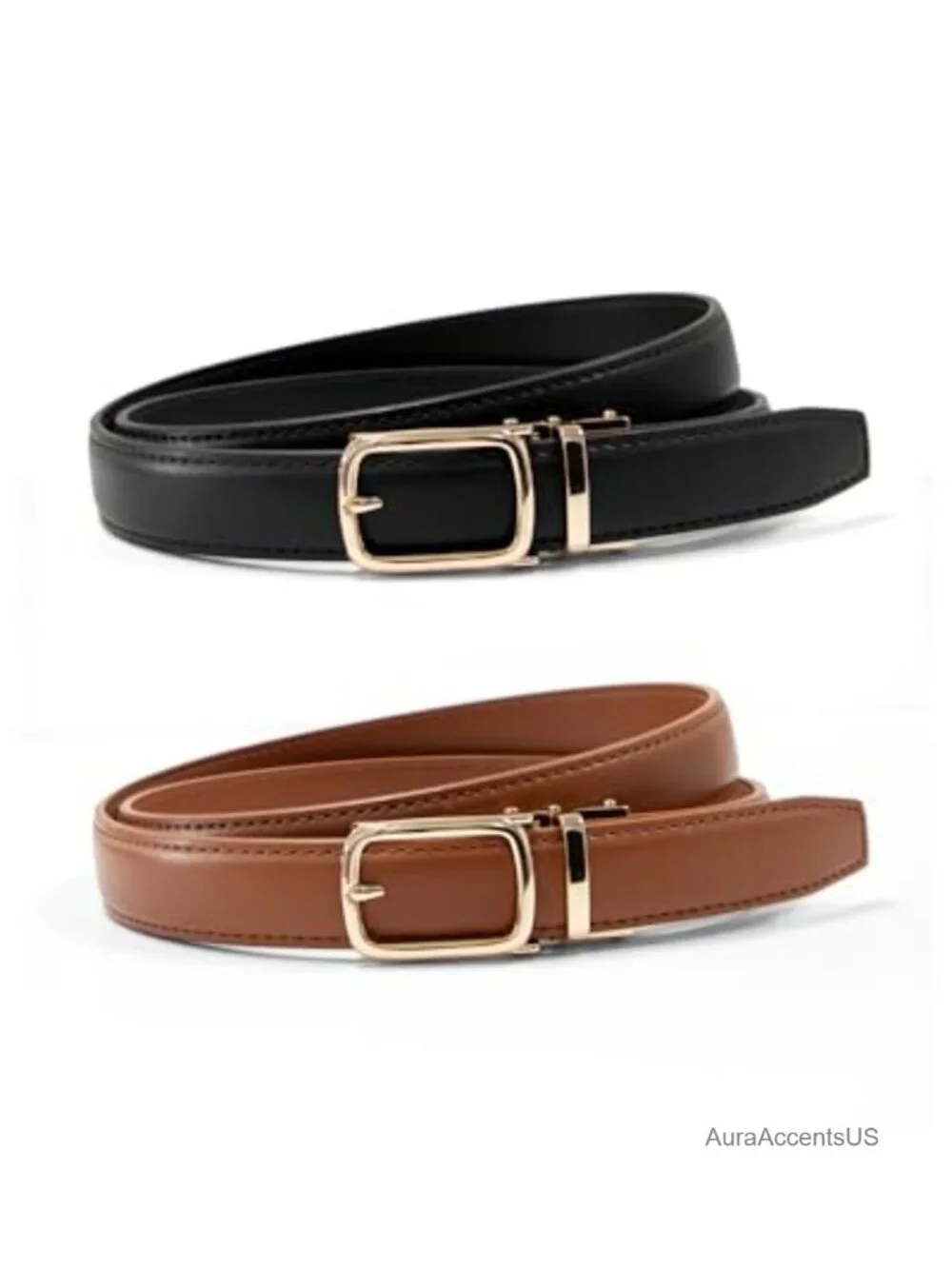 Women's Skinny Ratchet Leather Belts 2 Pack with Gold Buckle, No-Holes